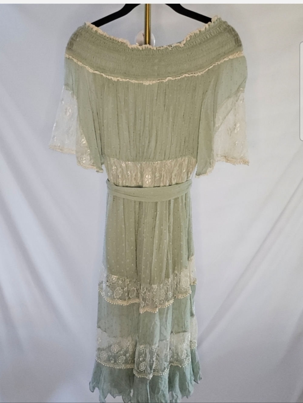 SNIDEL Sage Green Lace Detail Off-Shoulder Tiered Dress - Picture 2 of 8